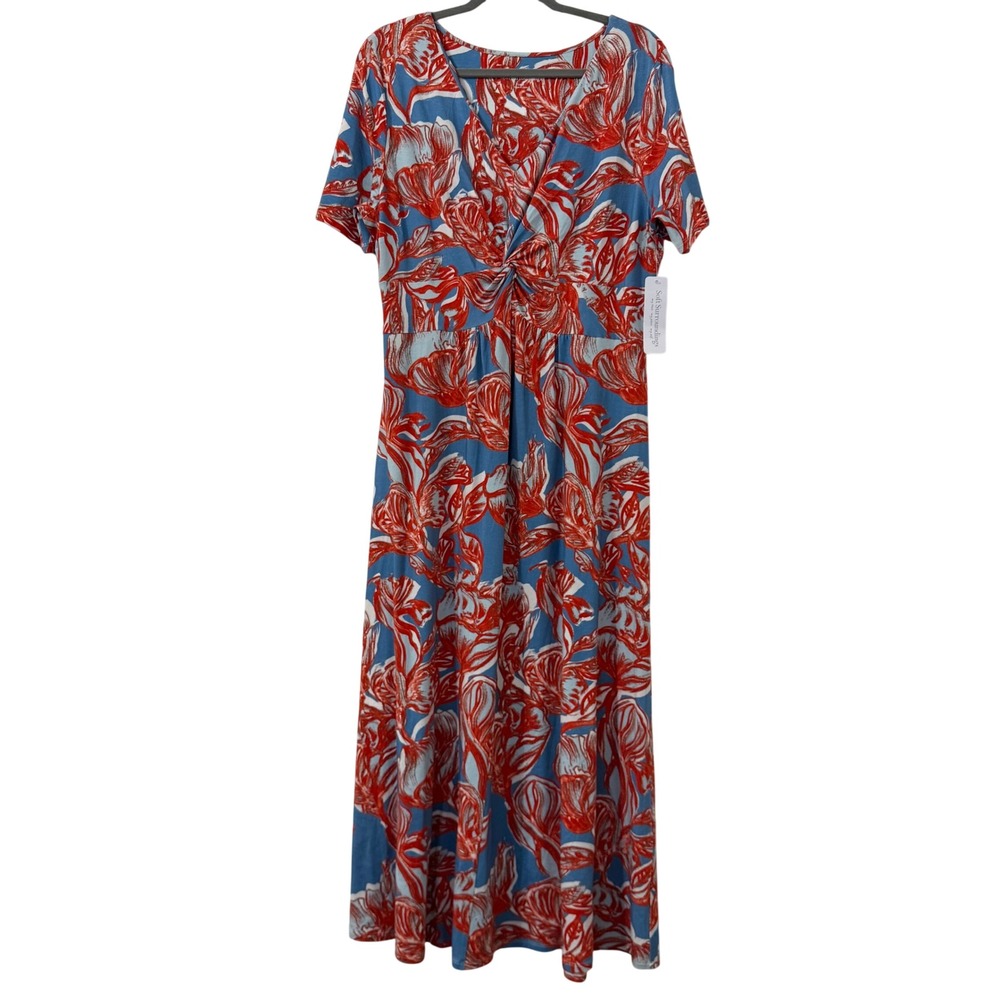 Soft Surroundings L Blue Red Floral Twist Front Maxi Dress NWT
